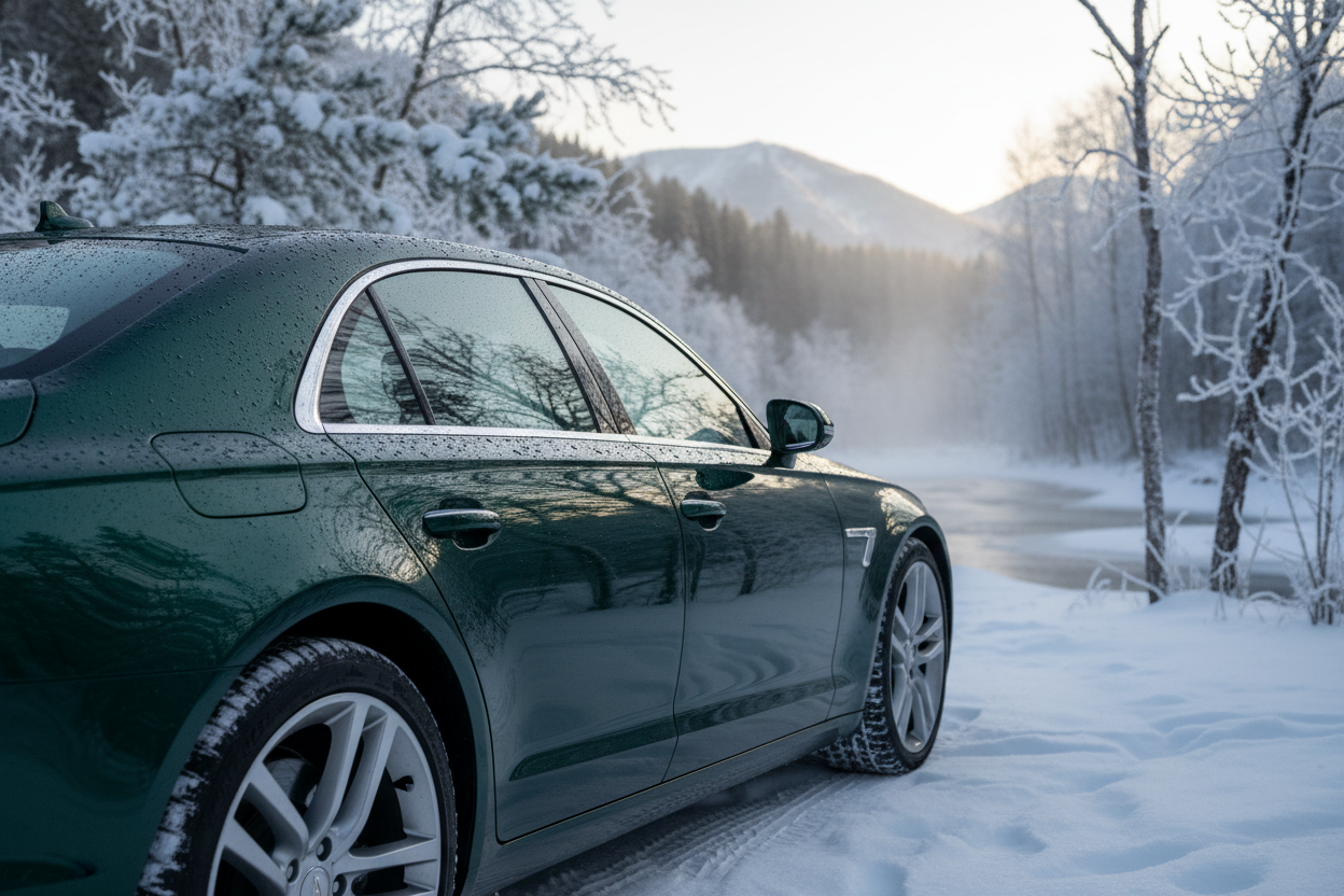 Freshly detailed car in wintery environment